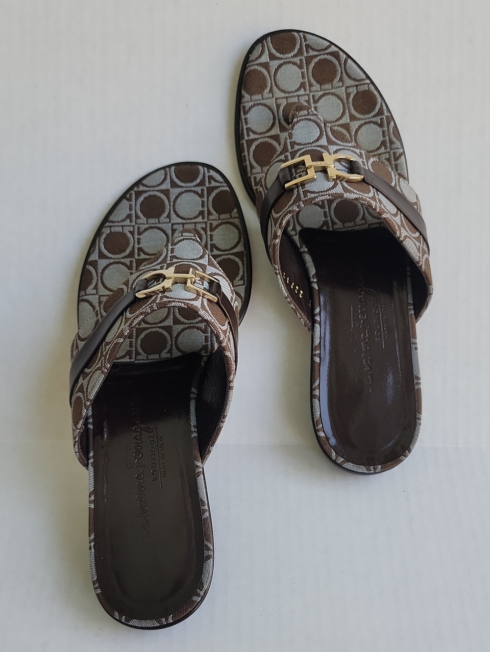 Salvatore Ferragamo Brown Monogram Slide Mules with Gold Hardware